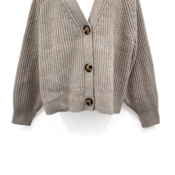 H&M Rib Knit Wool Button Front Loose Oversized Fit Cardigan Sweater Top Taupe - Picture 6 of 8